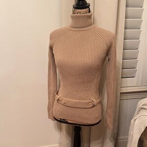 Oscar de la Renta 100% Merino Wool Ribbed Belted Turtleneck Sweater M